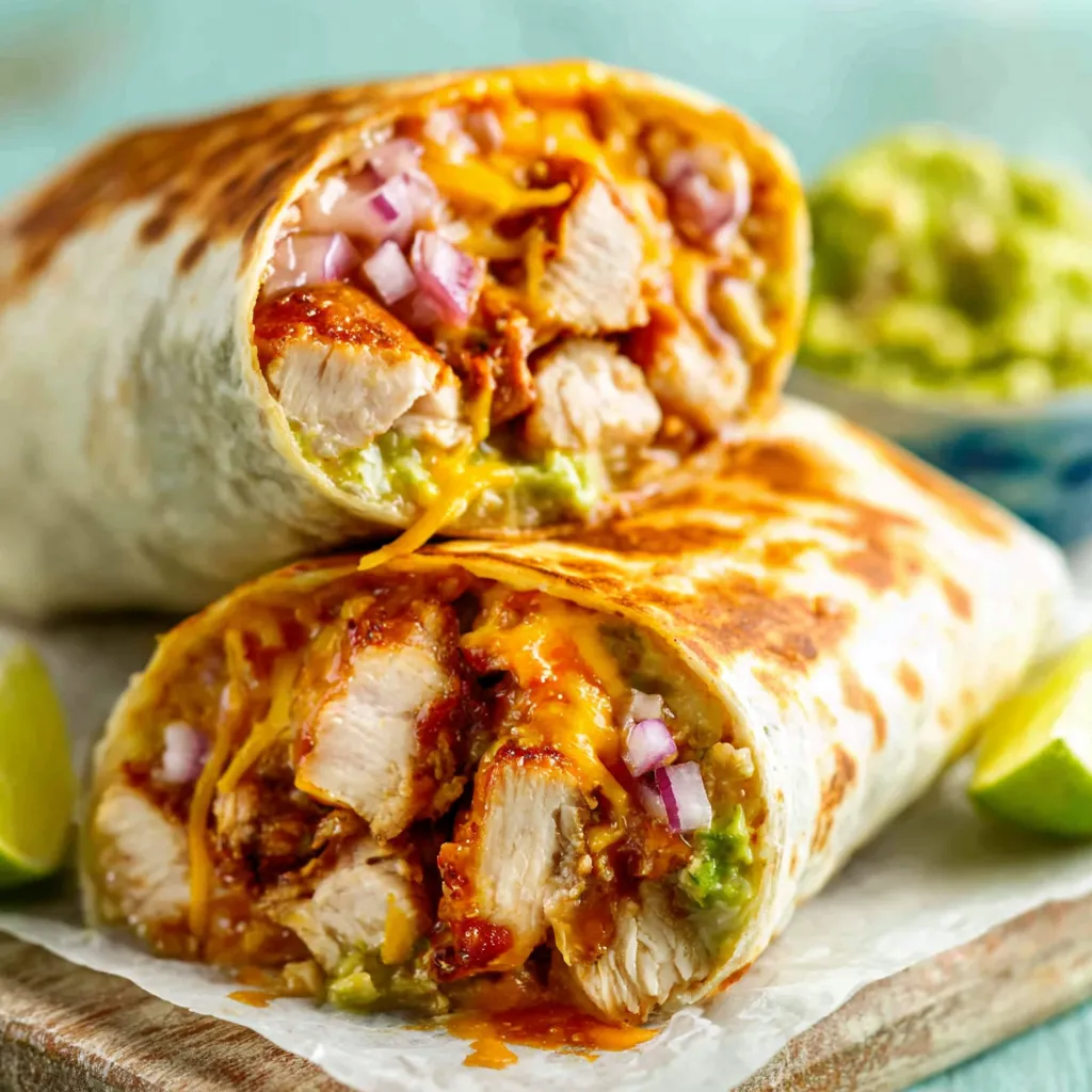 A close-up shows a delicious Smothered Chicken Burrito topped with melted cheese and flavorful sauce, ready to be enjoyed.