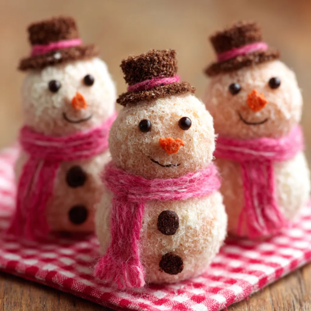 A close-up featured image displays festive and delicious Snowman Truffles ready to be eaten.