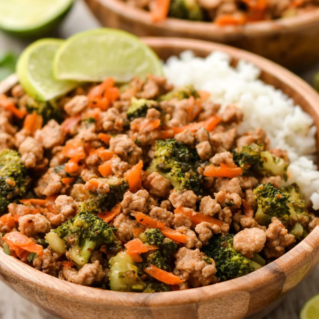 Teriyaki Ground Chicken Bowls are displayed in this featured image.