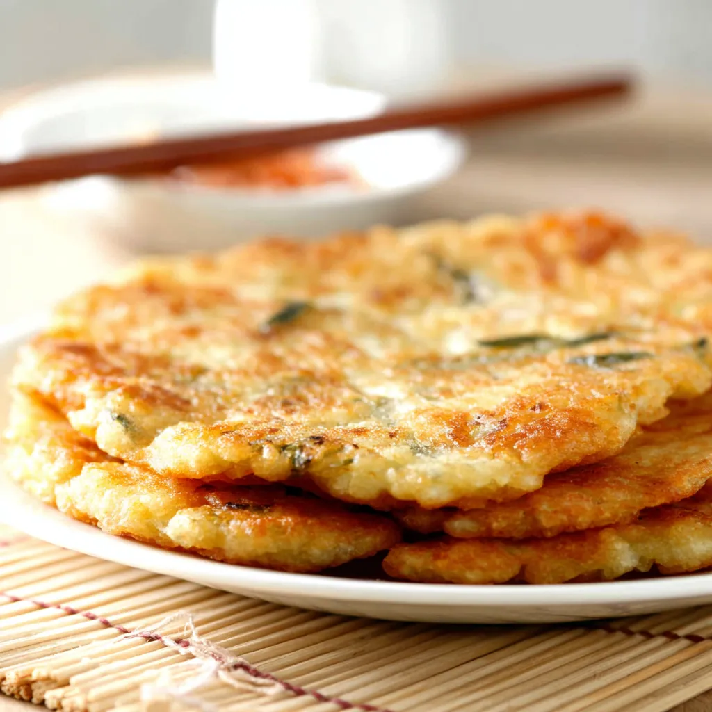 A close-up shot showcases golden-brown Gamjajeon Pancakes, highlighting their crispy edges and inviting texture.