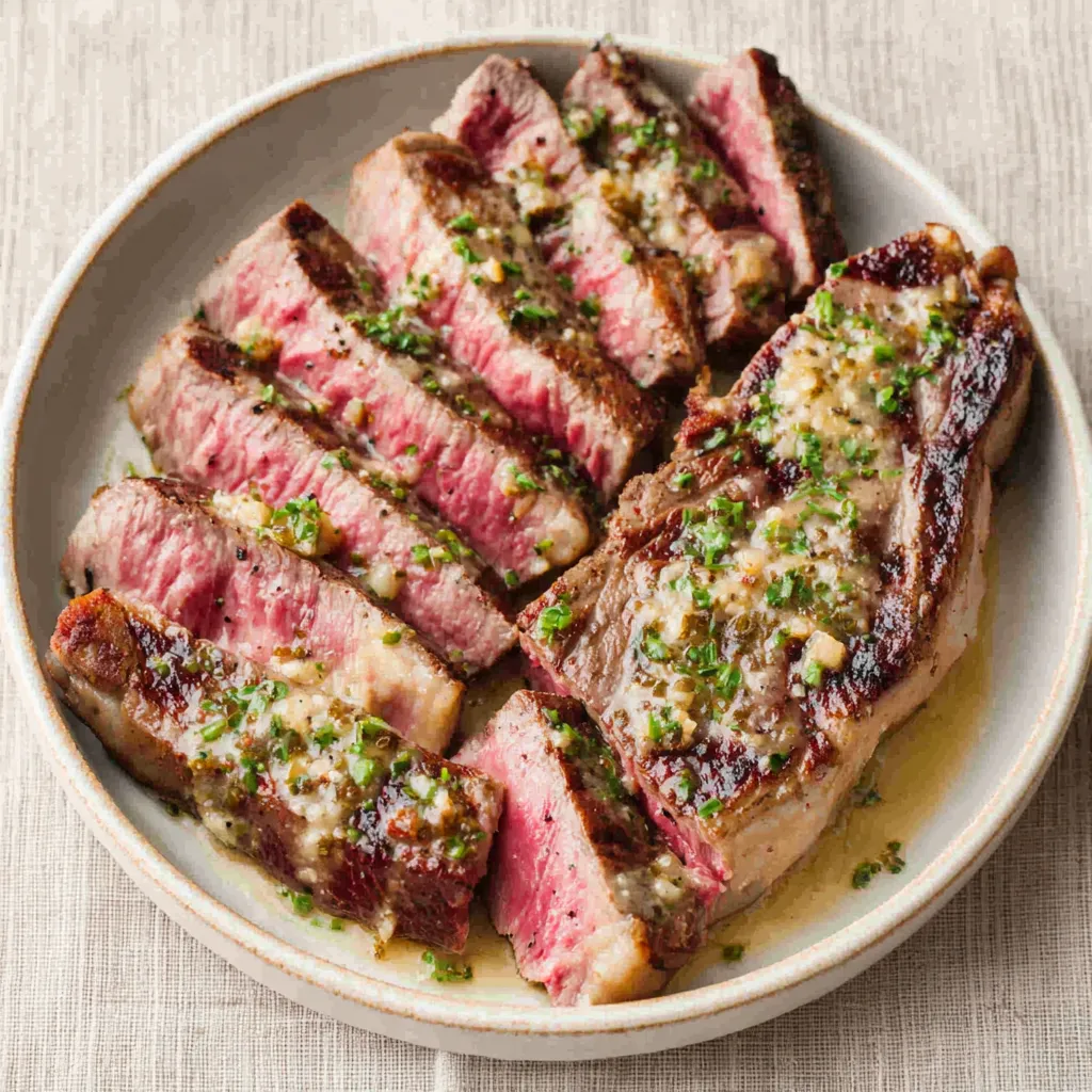 Mouthwatering Garlic Butter Steak glistening with melted butter and herbs, ready to be served.