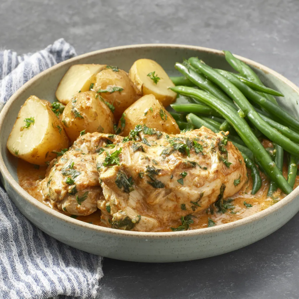 Garlic Parmesan Crockpot Chicken And Potatoes are shown in a delicious featured image, ready to be served.