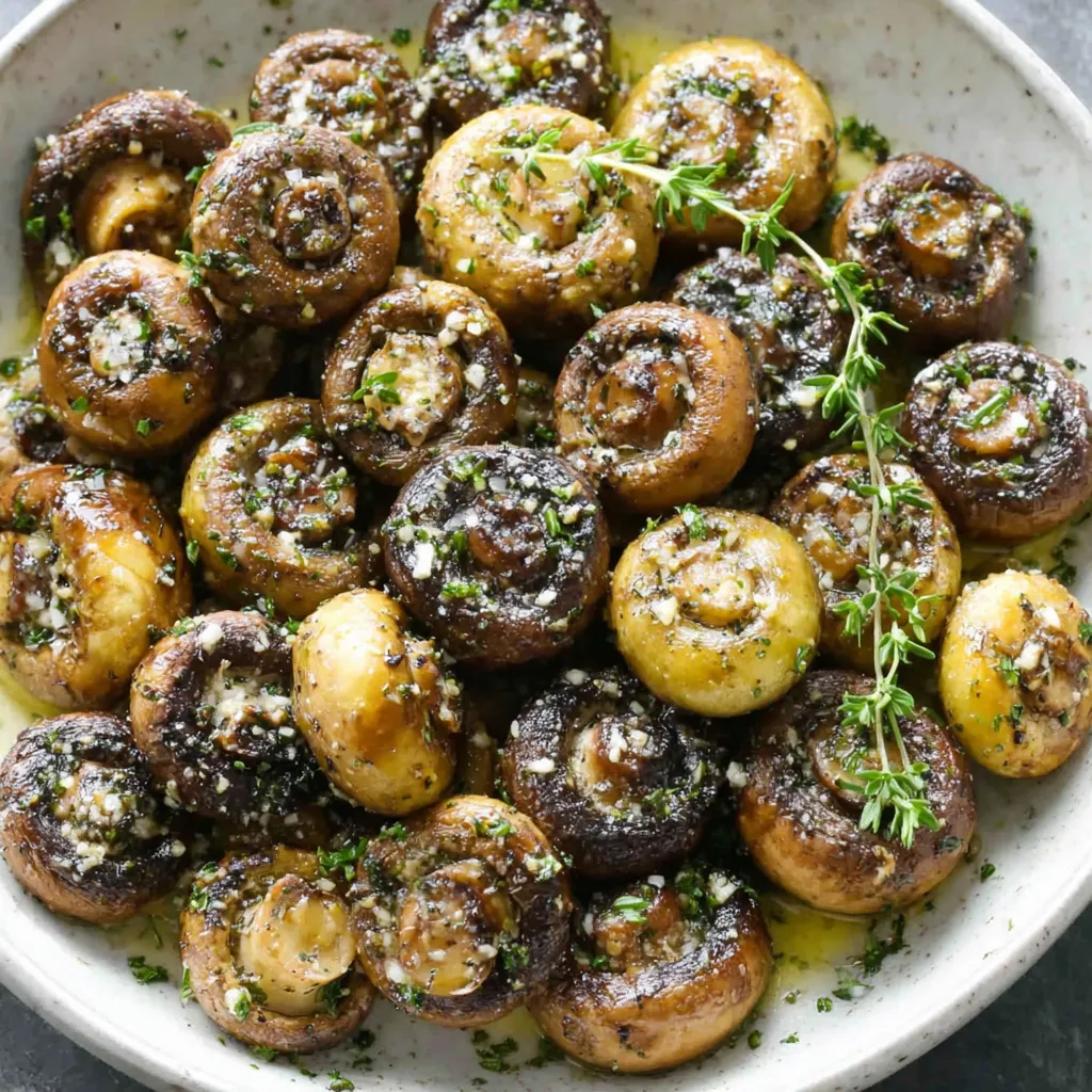 Garlic Thyme Roasted Mushrooms are displayed as the featured image for a recipe article.