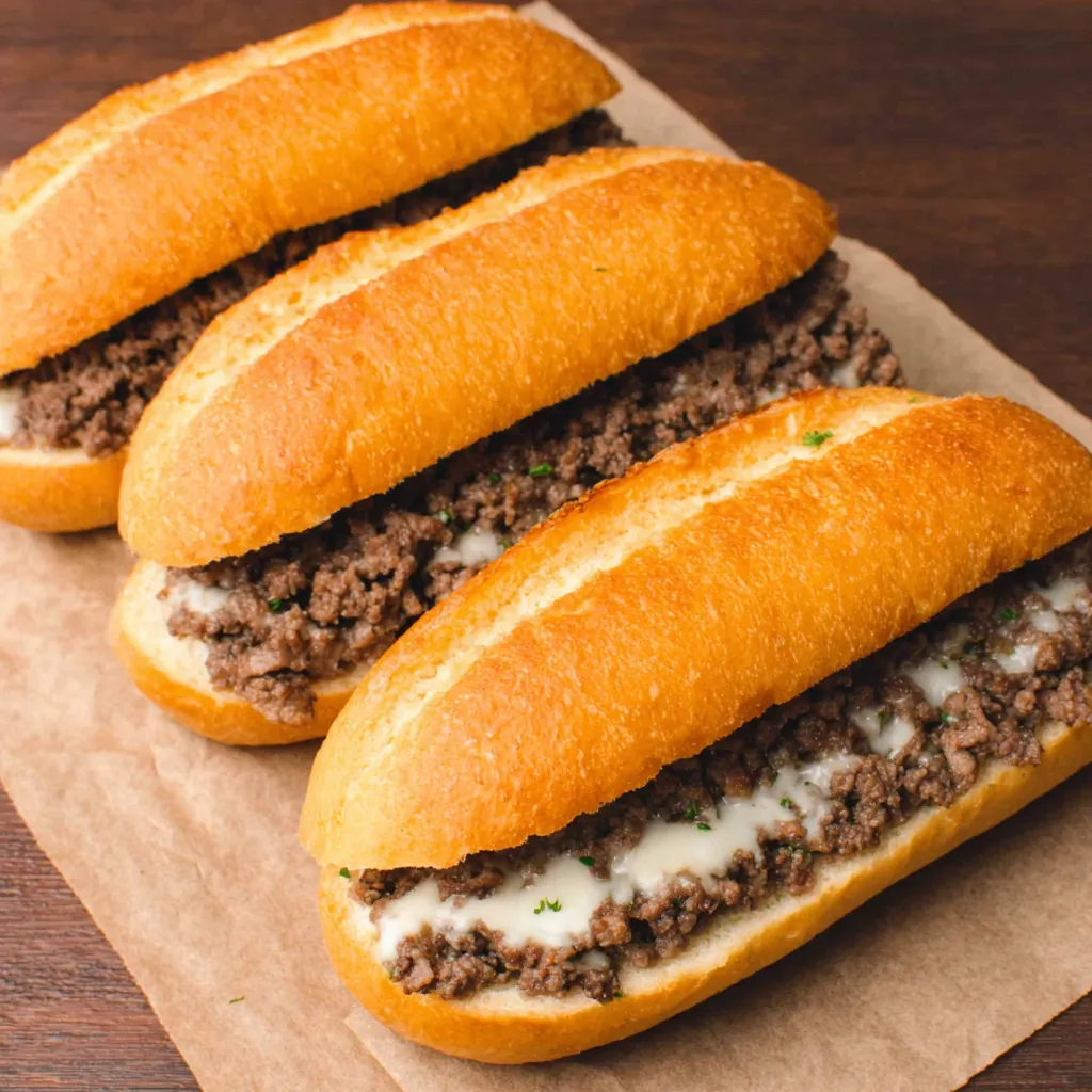 Ground Beef Philly Cheesesteaks are displayed as the featured image, showcasing a hearty and delicious meal.