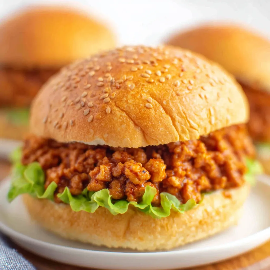 A close-up shows a delicious serving of Ground Chicken Sloppy Joes piled high on a toasted bun.