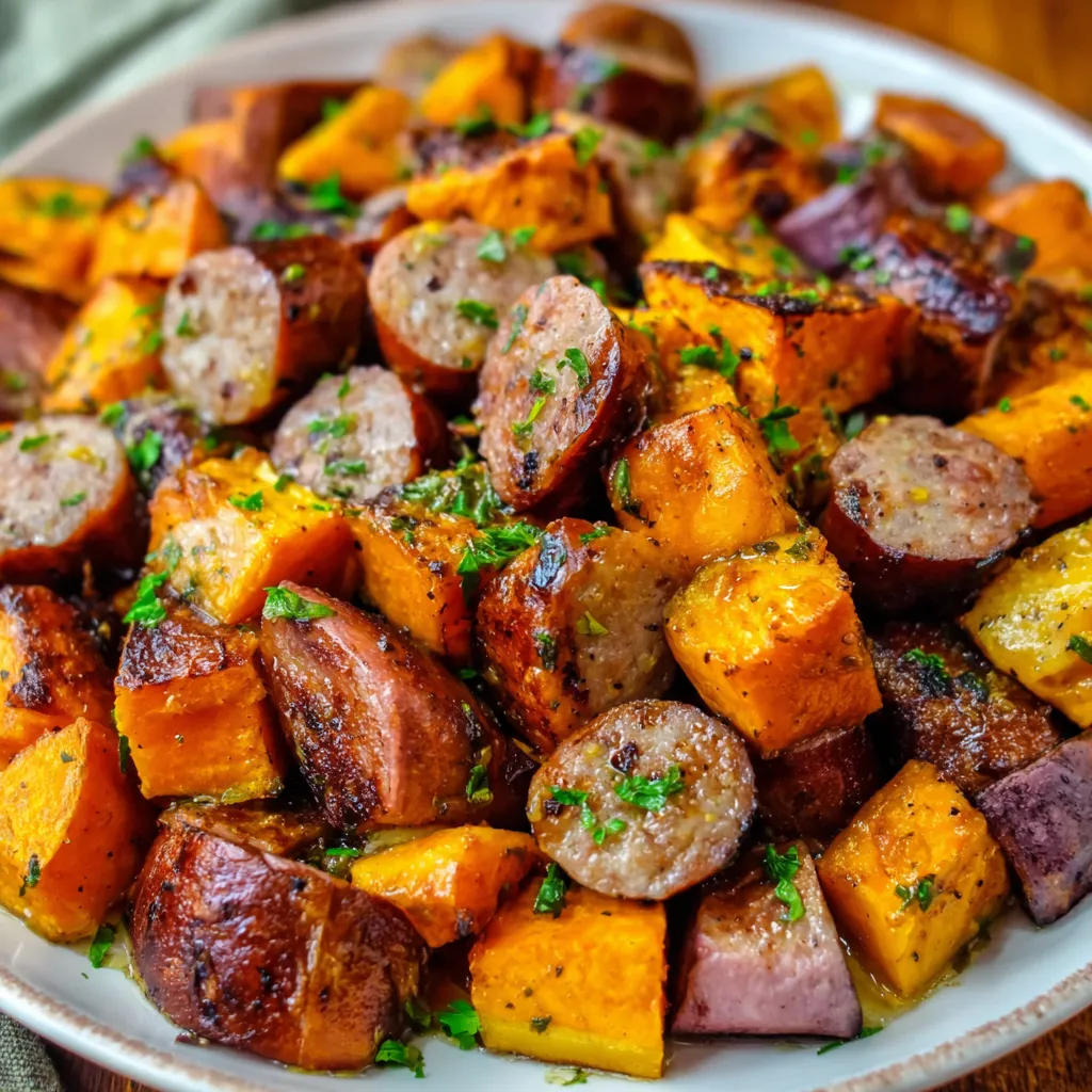 Honey Garlic Sausage Sweet Potatoes are displayed as a featured image showcasing the delicious and savory meal.