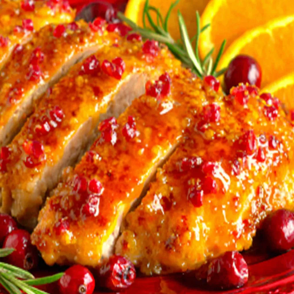 A close-up showcases the delicious Cranberry Orange Glazed Chicken, featuring a vibrant, glossy glaze and perfectly cooked chicken.