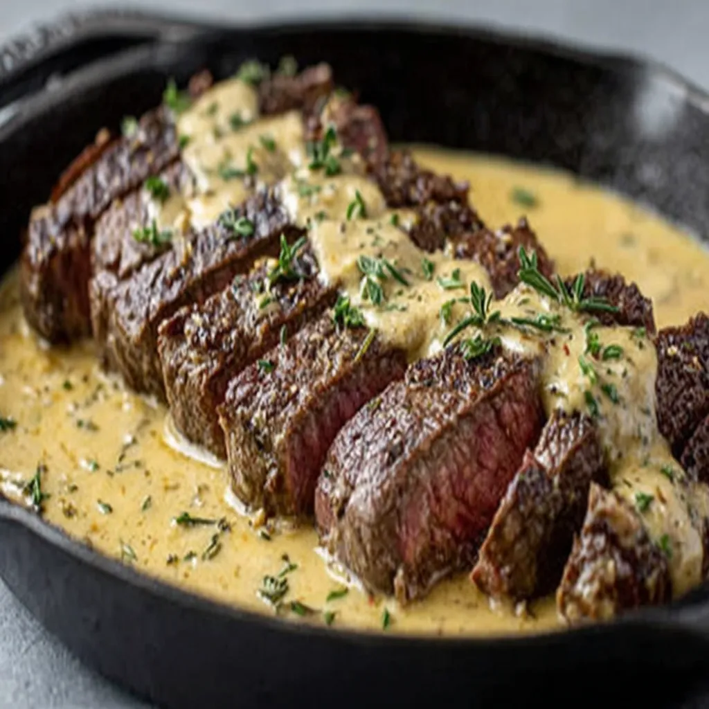 Juicy Steak with Creamy Garlic Sauce - Dinner Magic featured image showcases a delicious steak smothered in creamy garlic sauce, perfect for a magical dinner.