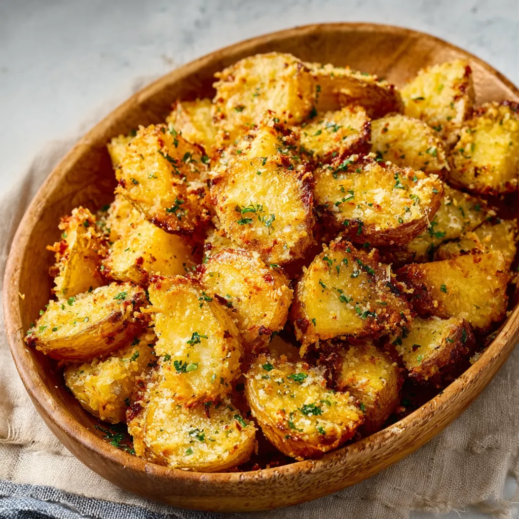 Parmesan Roasted Potatoes are shown as a close-up featured image, highlighting their crispy edges and golden-brown color.