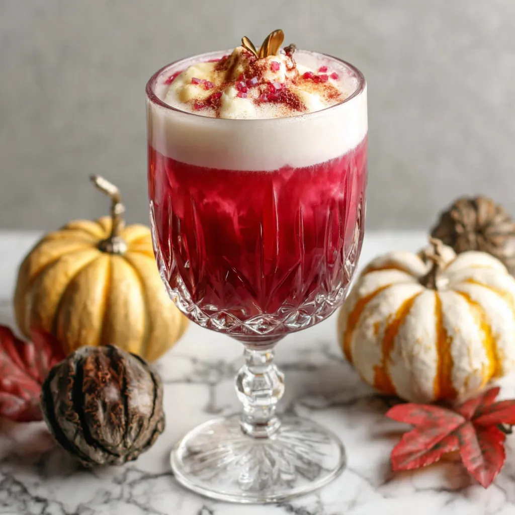 A delicious Autumn Gin Sour cocktail sits ready to be enjoyed as the featured image of this recipe.