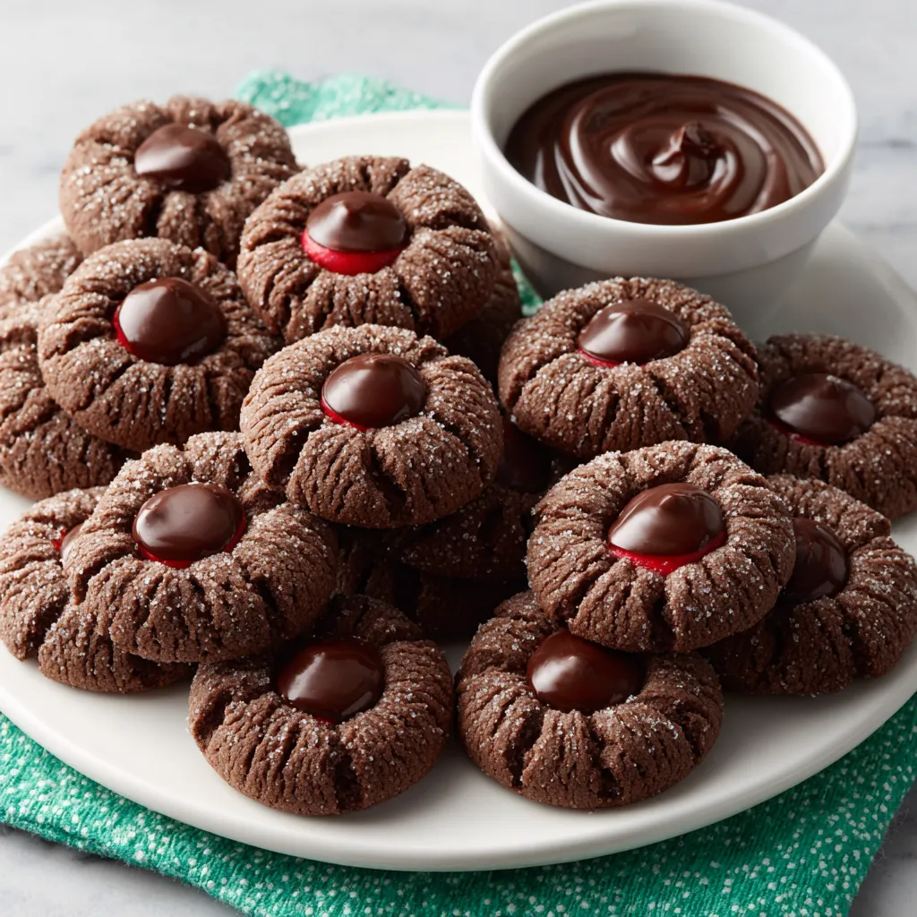 A close-up shot showcases delicious Chocolate Thumbprint Cookies with a chocolate filling, ready to be enjoyed.