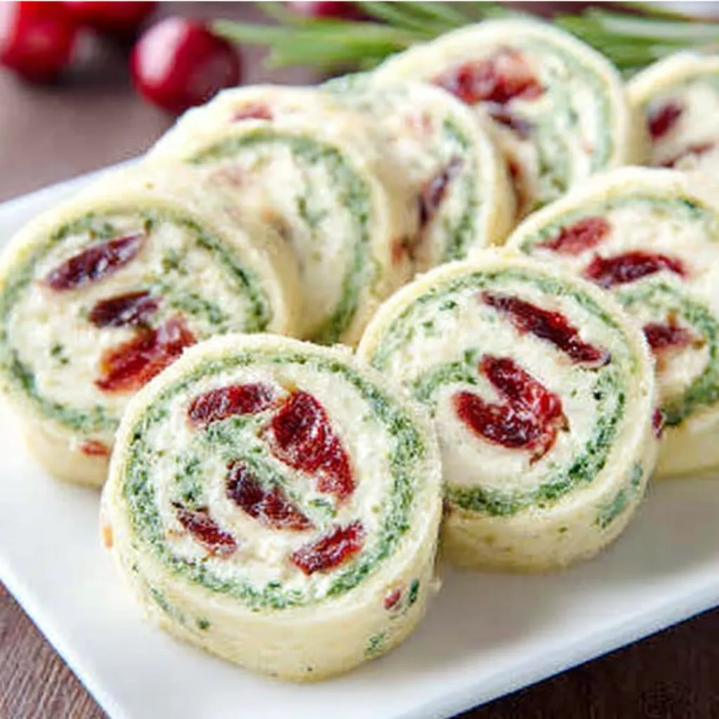 Close-up shot of delicious Christmas Cranberry Roll Ups, perfect for a festive holiday dessert.
