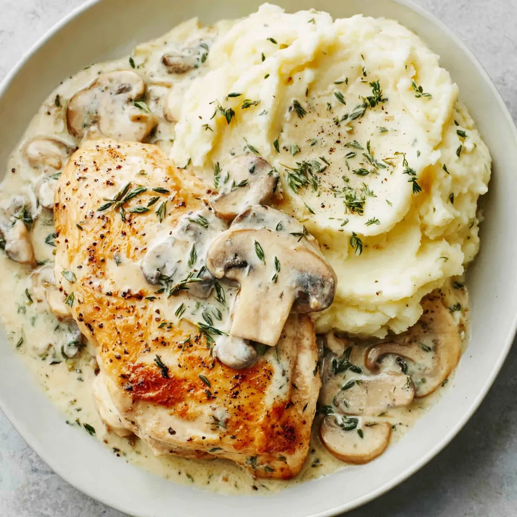 A delicious plate of Mushroom Chicken featuring tender chicken and savory mushrooms in a creamy sauce, perfect for a comforting meal.
