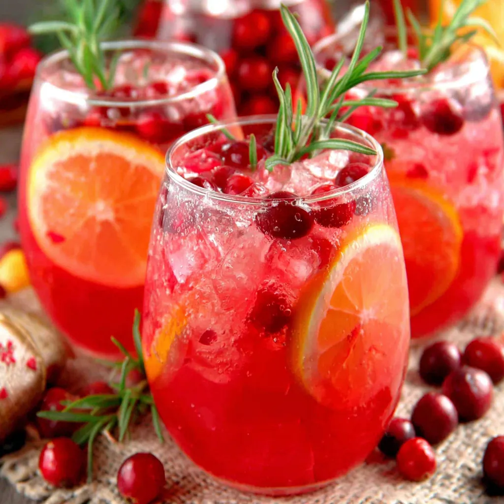 Festive Non Alcoholic Christmas Punch in a glass bowl with cranberries and orange slices, perfect for holiday gatherings.