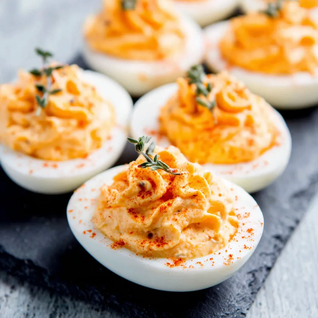 Featured image of festive Pumpkin Patch Deviled Eggs, creatively decorated to resemble miniature pumpkins.