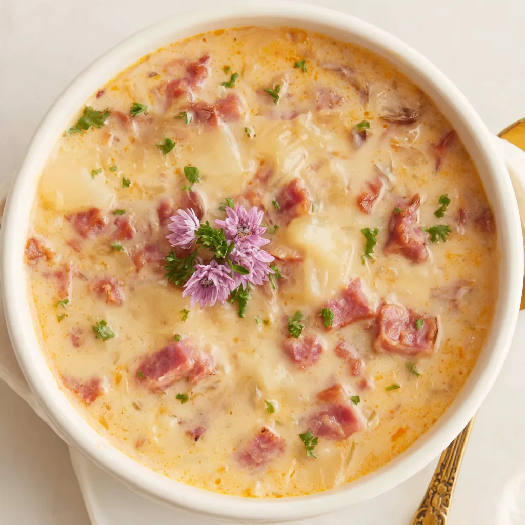 Close-up features a bowl of creamy Reuben Soup, showcasing its rich color and enticing texture.