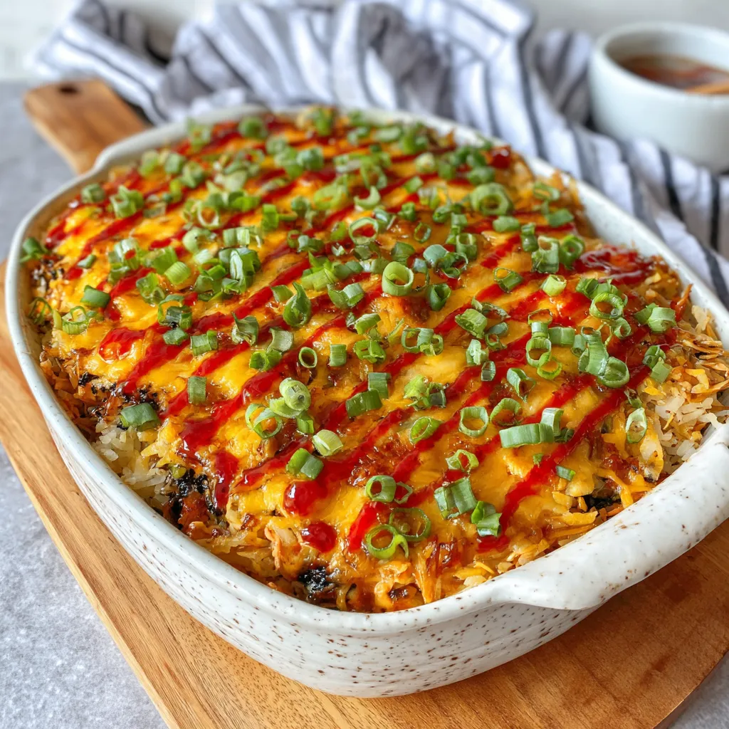 A close-up shot showcases a delicious Spicy Salmon Sushi Bake with visible layers of rice, salmon, and spicy mayo topping.