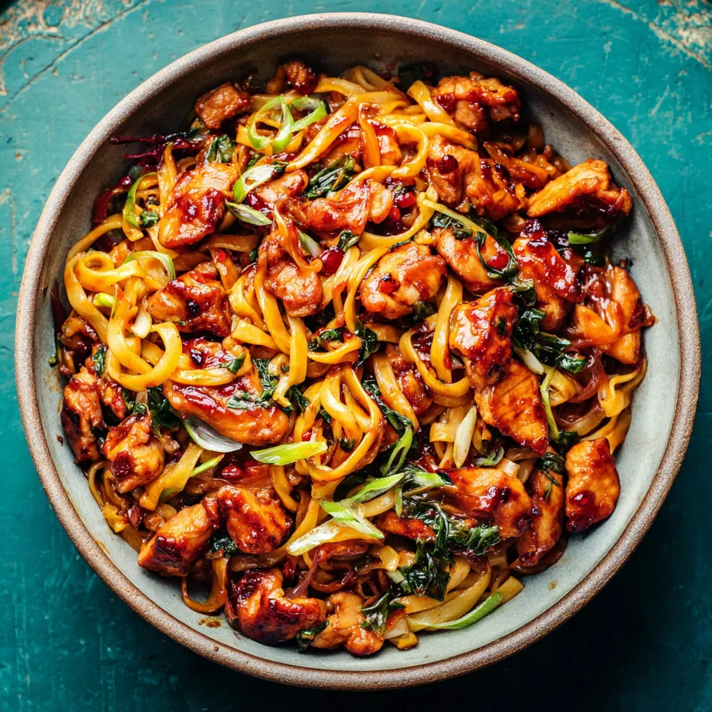 Sticky Garlic Chicken Noodles are displayed as a tempting featured image for this recipe.