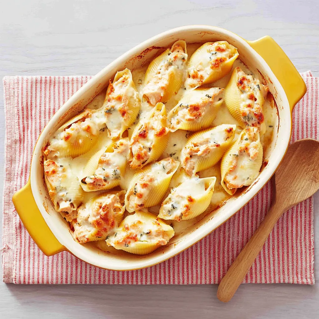 Chicken Alfredo Stuffed Shells are shown in a delicious featured image for the recipe.