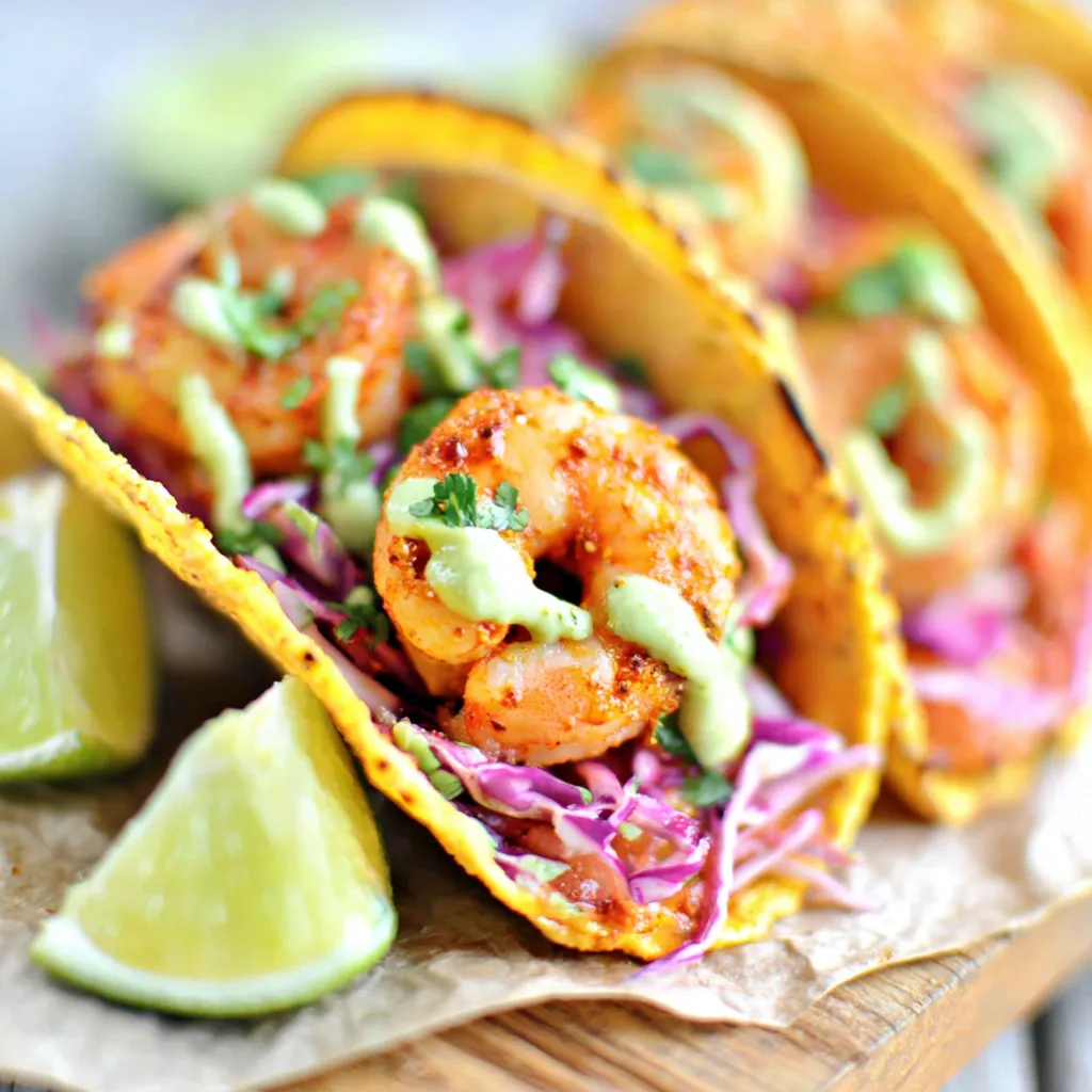 Creamy Spicy Shrimp Tacos are displayed as the featured image for a recipe article.