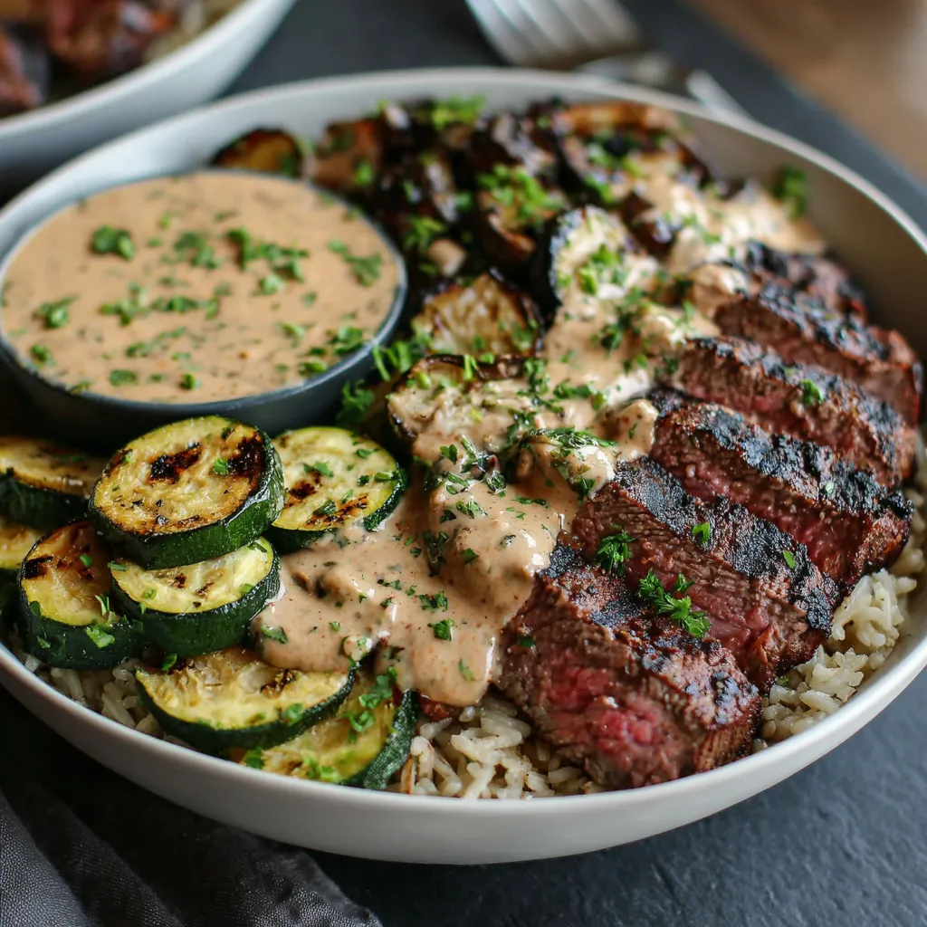 A delicious Grilled Steak Bowl with perfectly grilled steak, fresh vegetables, and a flavorful sauce is featured in this enticing image.