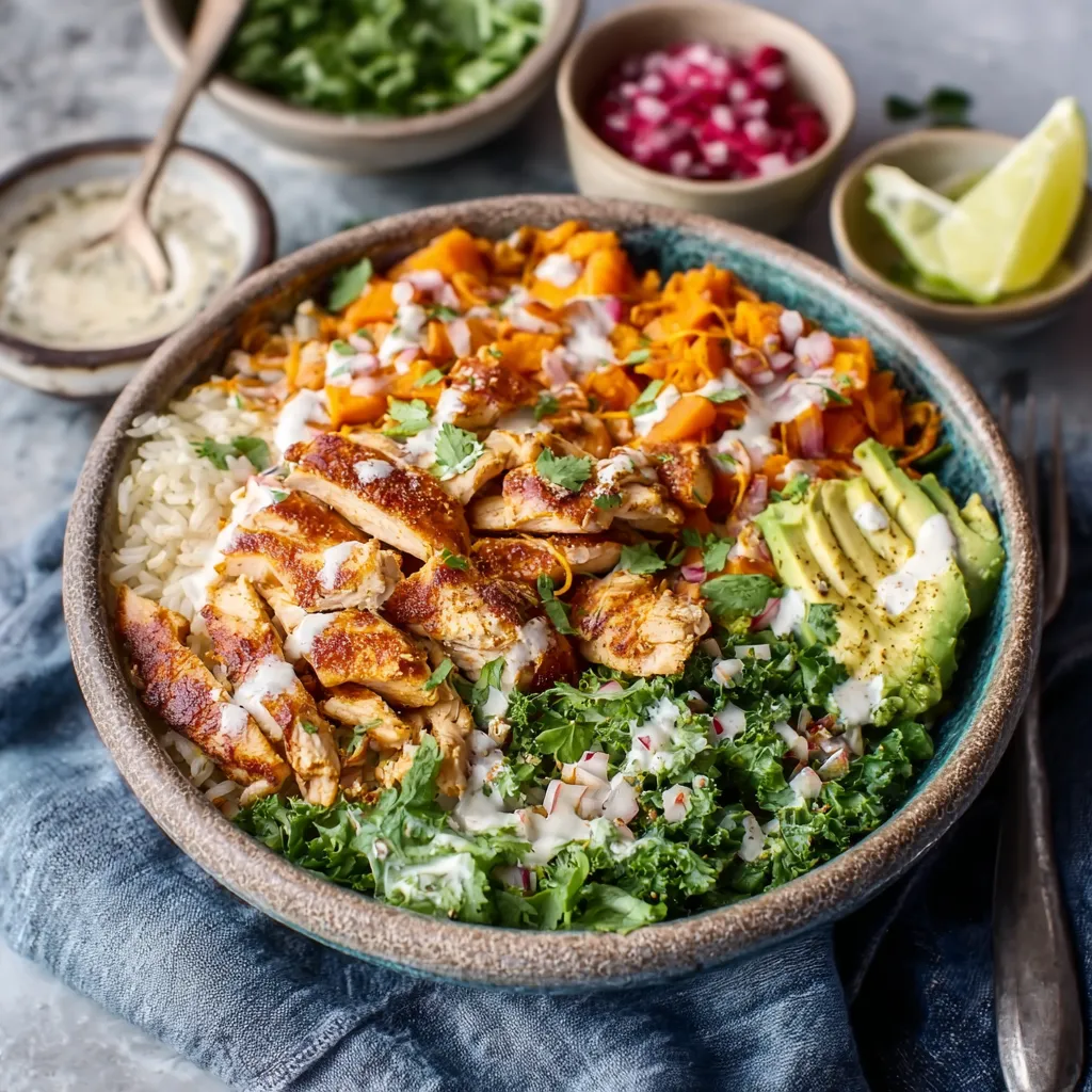 Close-up shot of a flavorful Chicken And Sweet Potato Rice Bowl, showcasing the textures and ingredients.