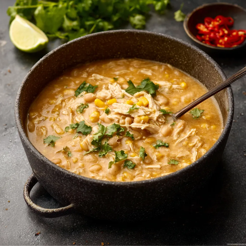 Close-up view of a creamy bowl of High Protein White Chicken Chili, showcasing the texture and ingredients.