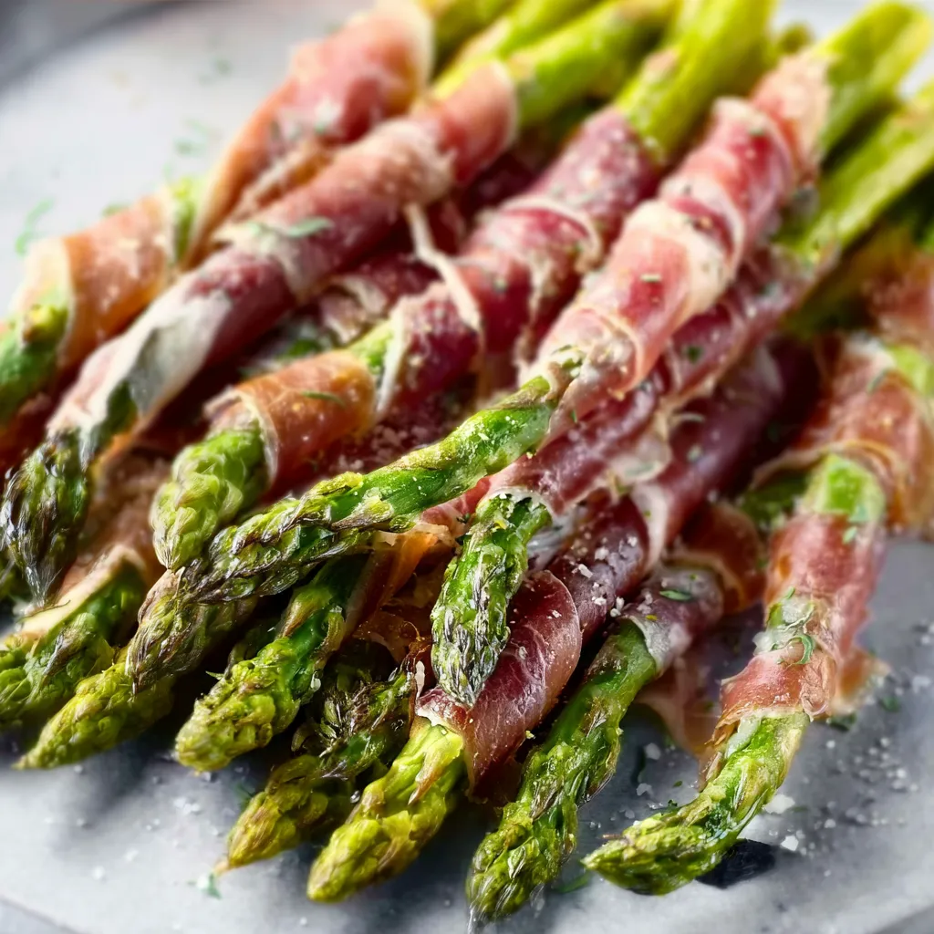 Close-up shows vibrant green Asparagus Wrapped In Prosciutto, ready to be served as an elegant appetizer.
