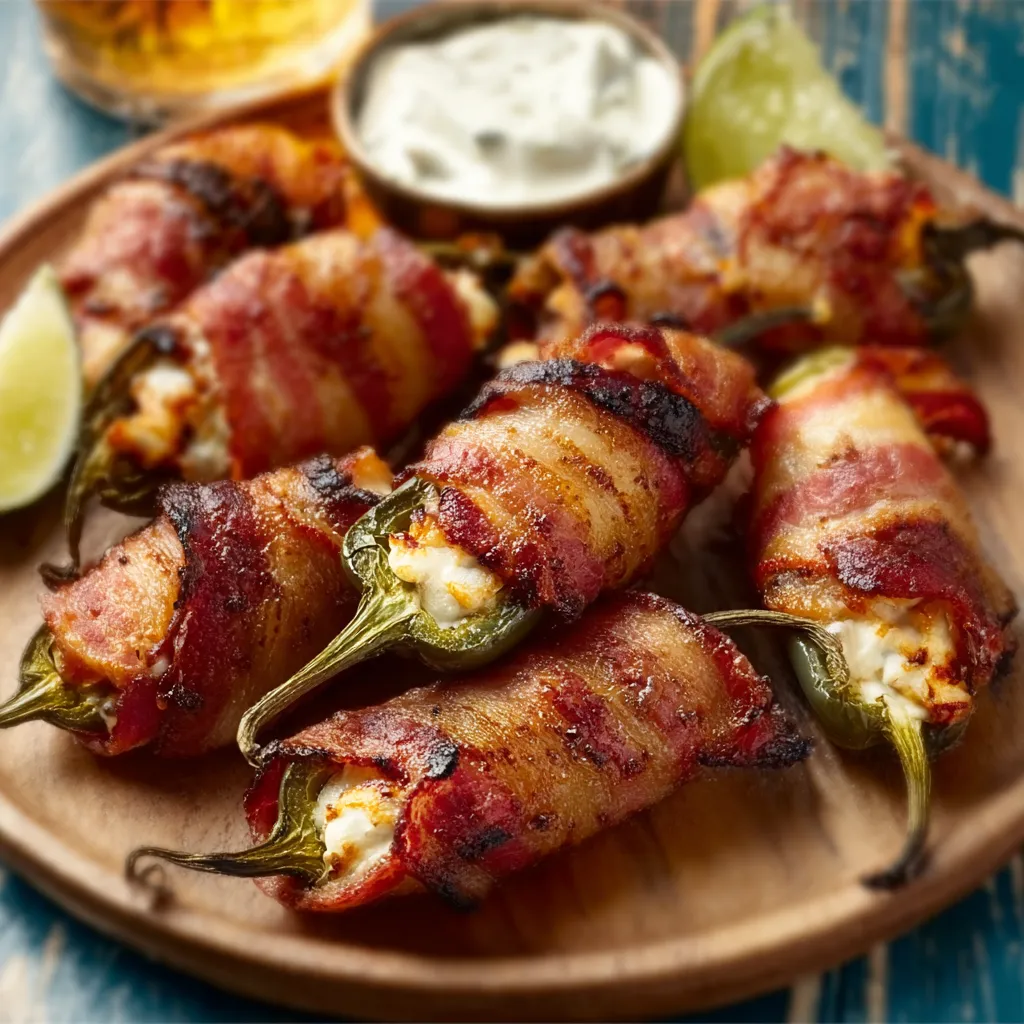 Close-up of crispy Bacon Wrapped Jalapeno Poppers, perfect for a party appetizer.