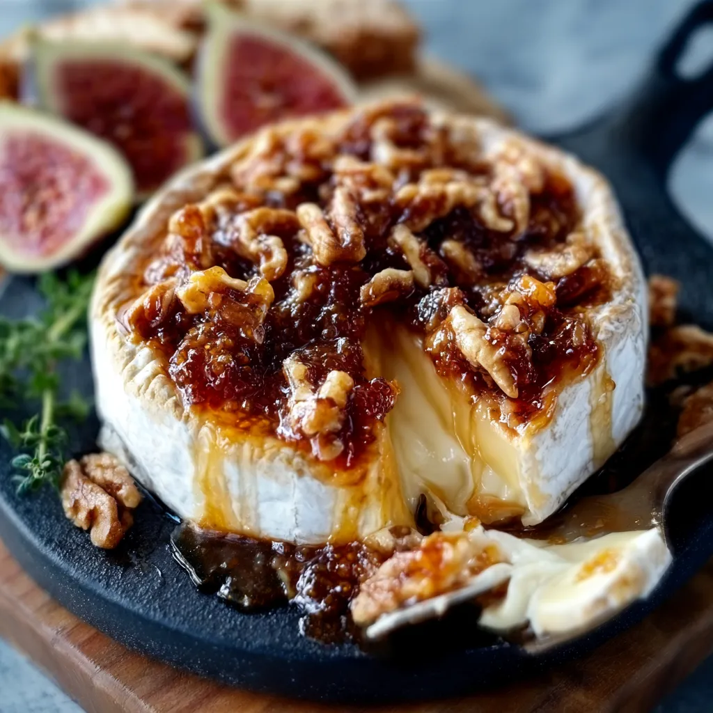 Close-up shot of Baked Brie With Fig Jam, showing its melted cheese and sweet fig topping.