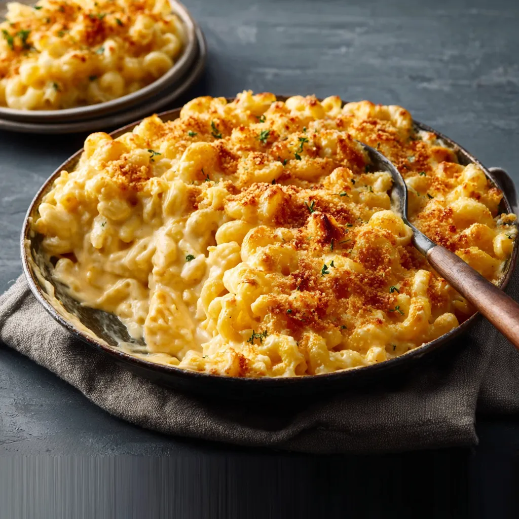 A close-up shot showcases the creamy texture and golden-brown crust of a freshly baked Baked Mac and Cheese.