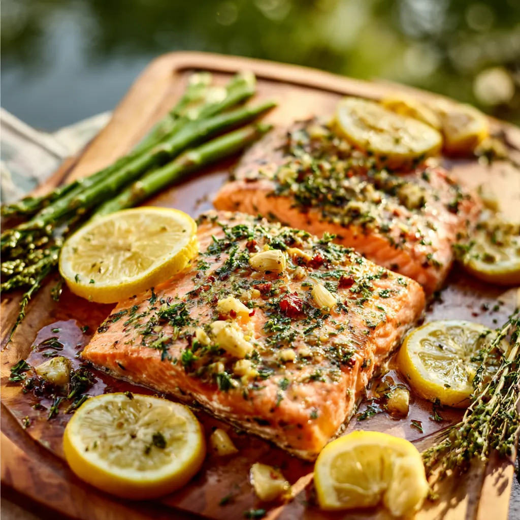 Close-up of freshly Baked Salmon With Garlic And Lemon, showcasing its flaky texture and vibrant presentation.