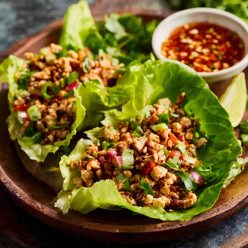 Close-up image showcasing delicious Asian Chicken Lettuce Wraps filling served in crisp lettuce cups.