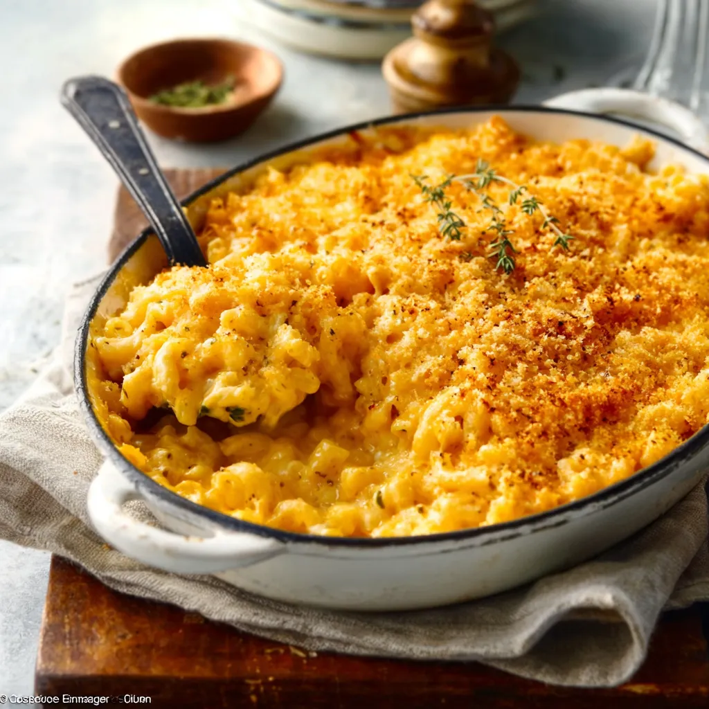 Close-up of a creamy dish of Baked Macaroni And Cheese, showing its golden-brown top and cheesy interior.