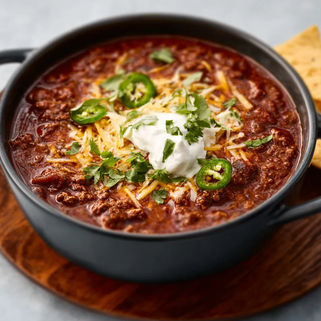A close-up shot showcasing a vibrant bowl of freshly made Beef Chili, ready to be enjoyed as a hearty meal.