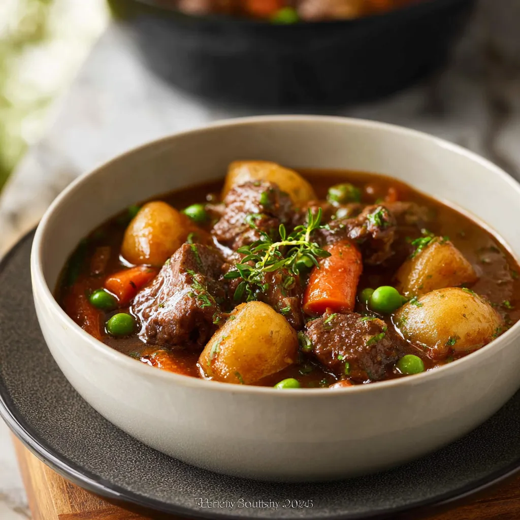 Close-up shot of hearty Beef Stew served in a rustic bowl.
