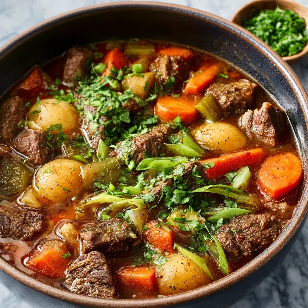 Close-up shot of hearty Beef Stew in a rustic bowl, showcasing the rich color and tender chunks of beef.