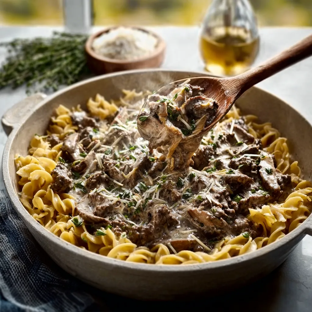 Close-up of a creamy, delicious serving of Beef Stroganoff in a bowl.