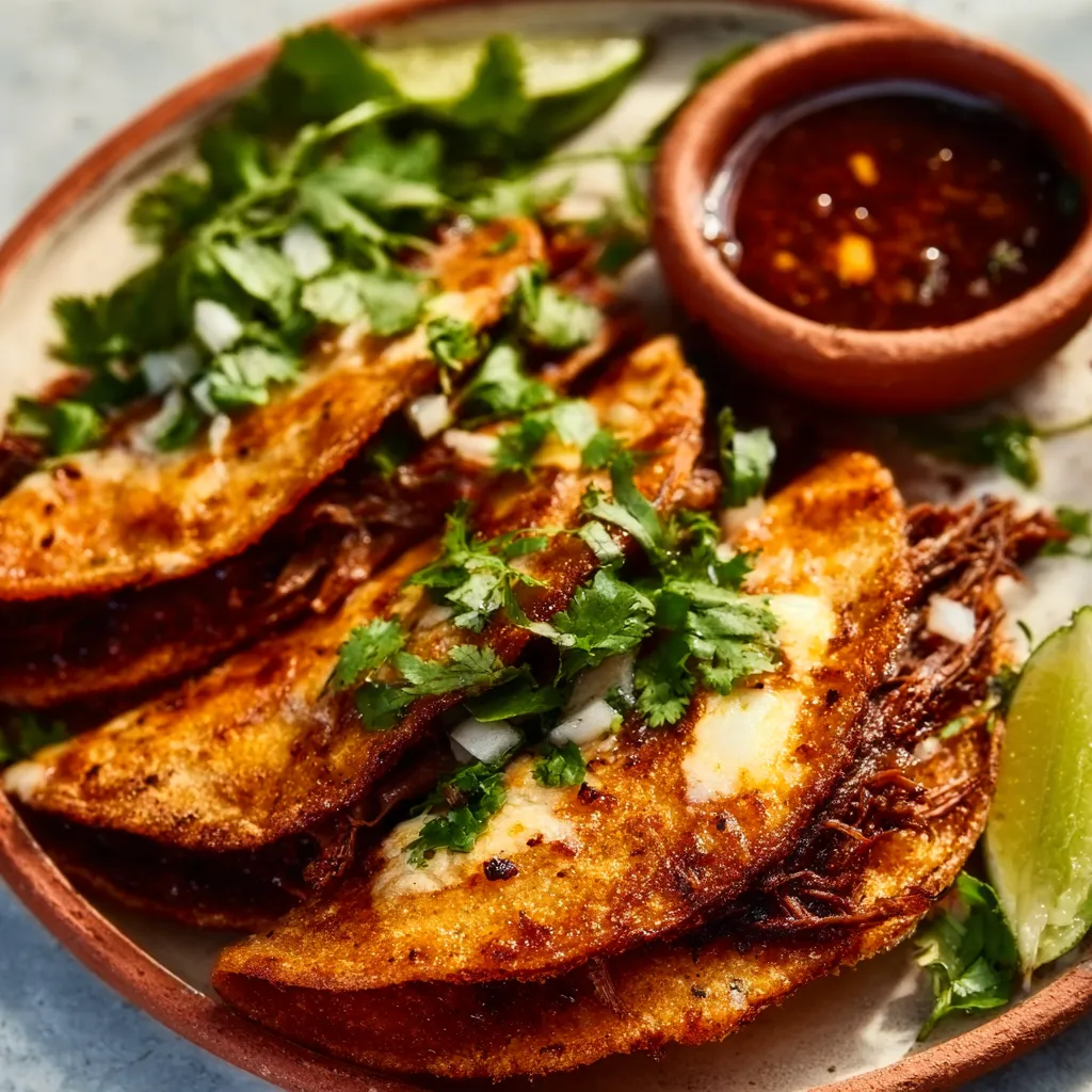 Close-up shot of juicy, shredded beef inside a crispy tortilla showcasing the deliciousness of Birria Tacos.