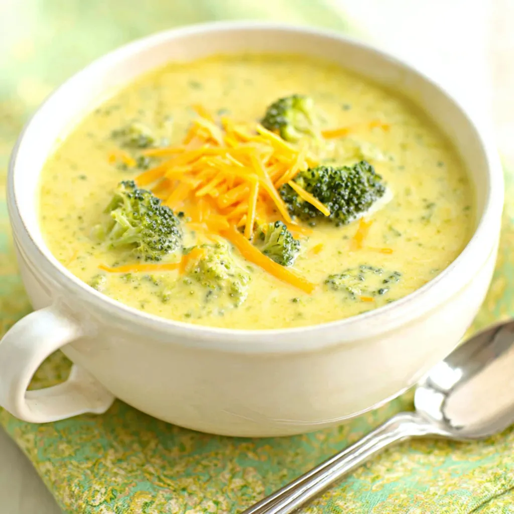 Creamy Broccoli Cheddar Soup served in a bowl, showcasing the cheesy texture and vibrant green broccoli.
