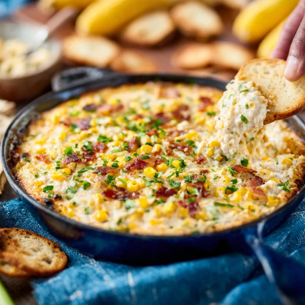 Close-up shot of creamy, golden Cheesy Corn Dip, ready to be served and enjoyed.
