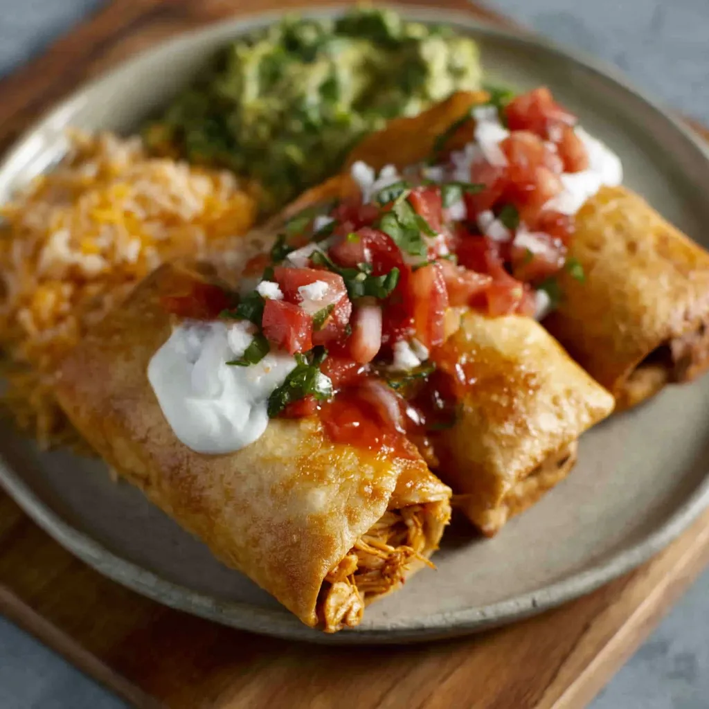 Close-up of golden-brown, crispy Chicken Chimichangas ready to be served.