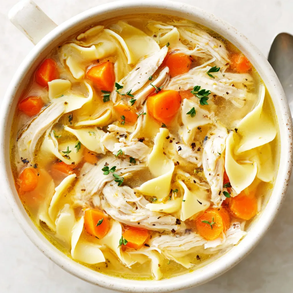 Close-up image shows a comforting bowl of Chicken Noodle Soup, ready to be enjoyed.