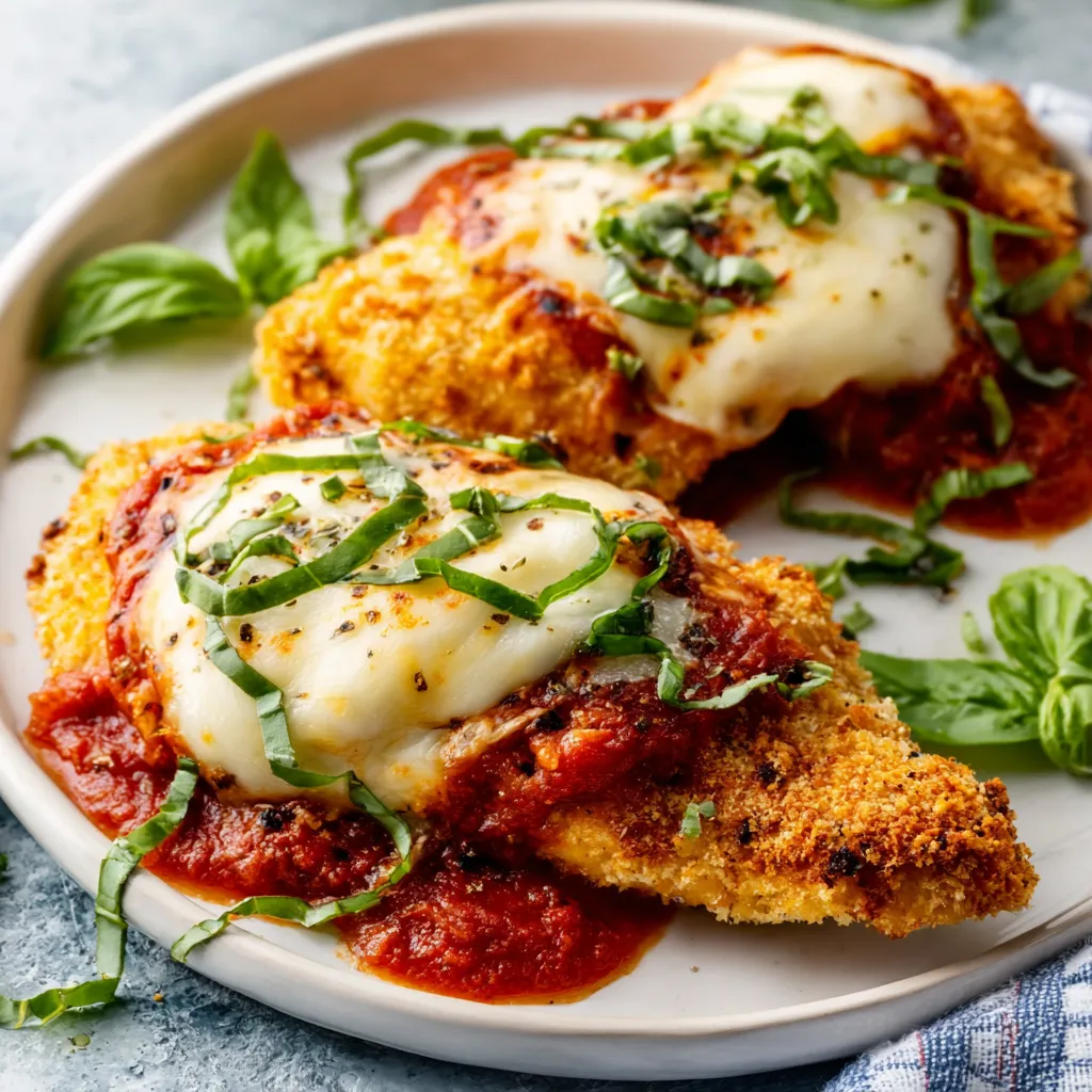 Delicious Chicken Parmesan, a second image showcasing the golden-brown breading and melted cheese.