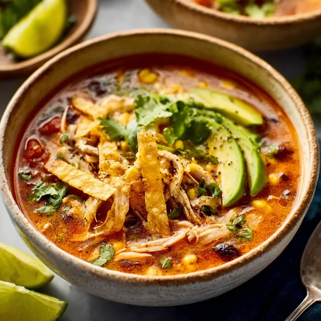A close-up shot showcasing the vibrant ingredients and delicious broth of homemade Chicken Tortilla Soup.