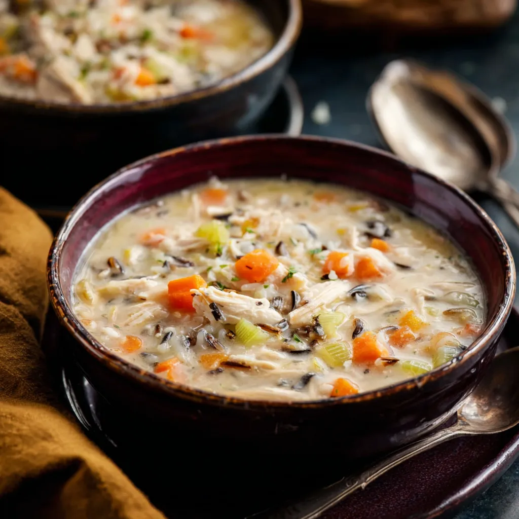 A close-up shot of a creamy bowl of Chicken Wild Rice Soup showcases its rich texture and delicious ingredients.