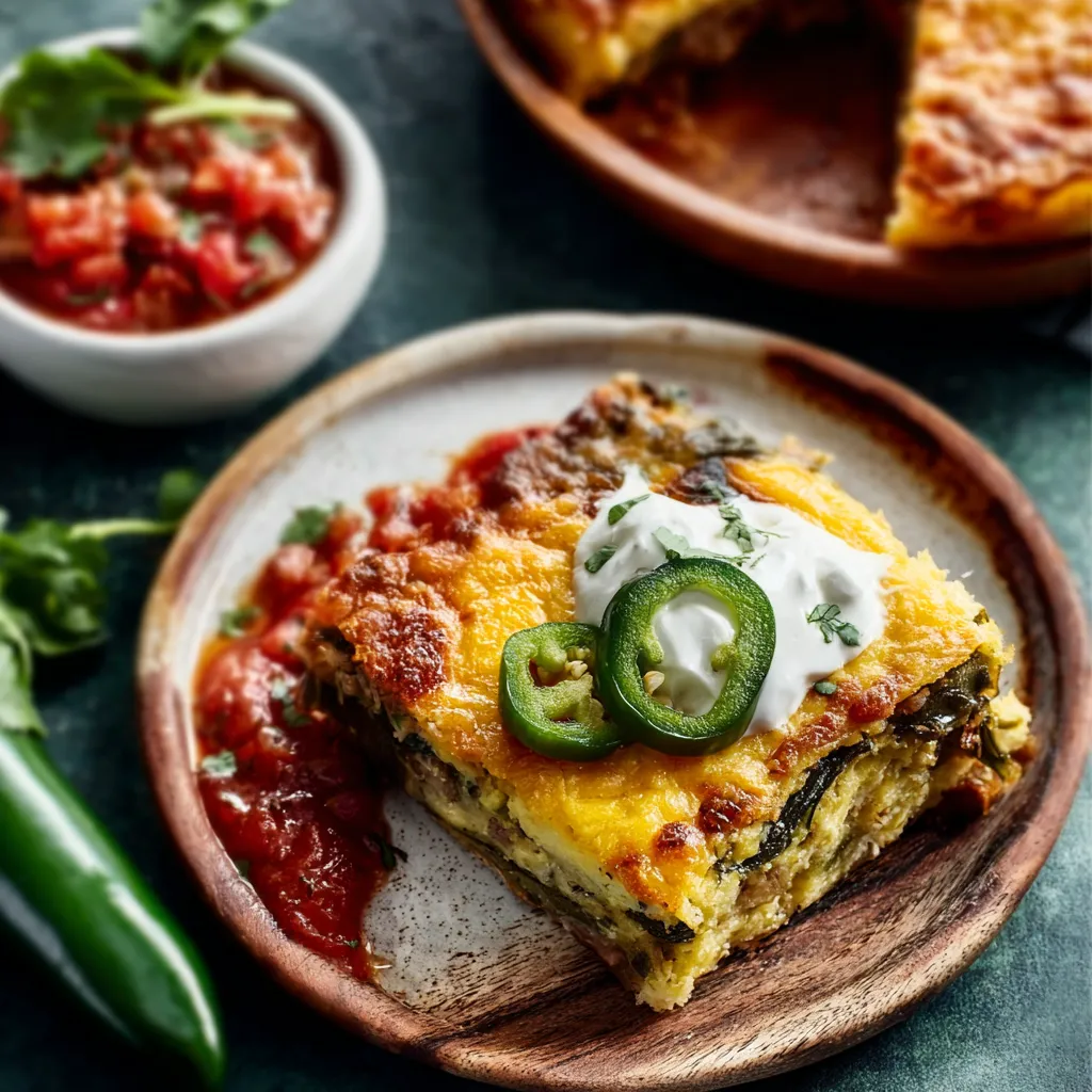 Close-up of a freshly baked Chile Rellenos Casserole showcasing its cheesy topping and vibrant pepper colors.