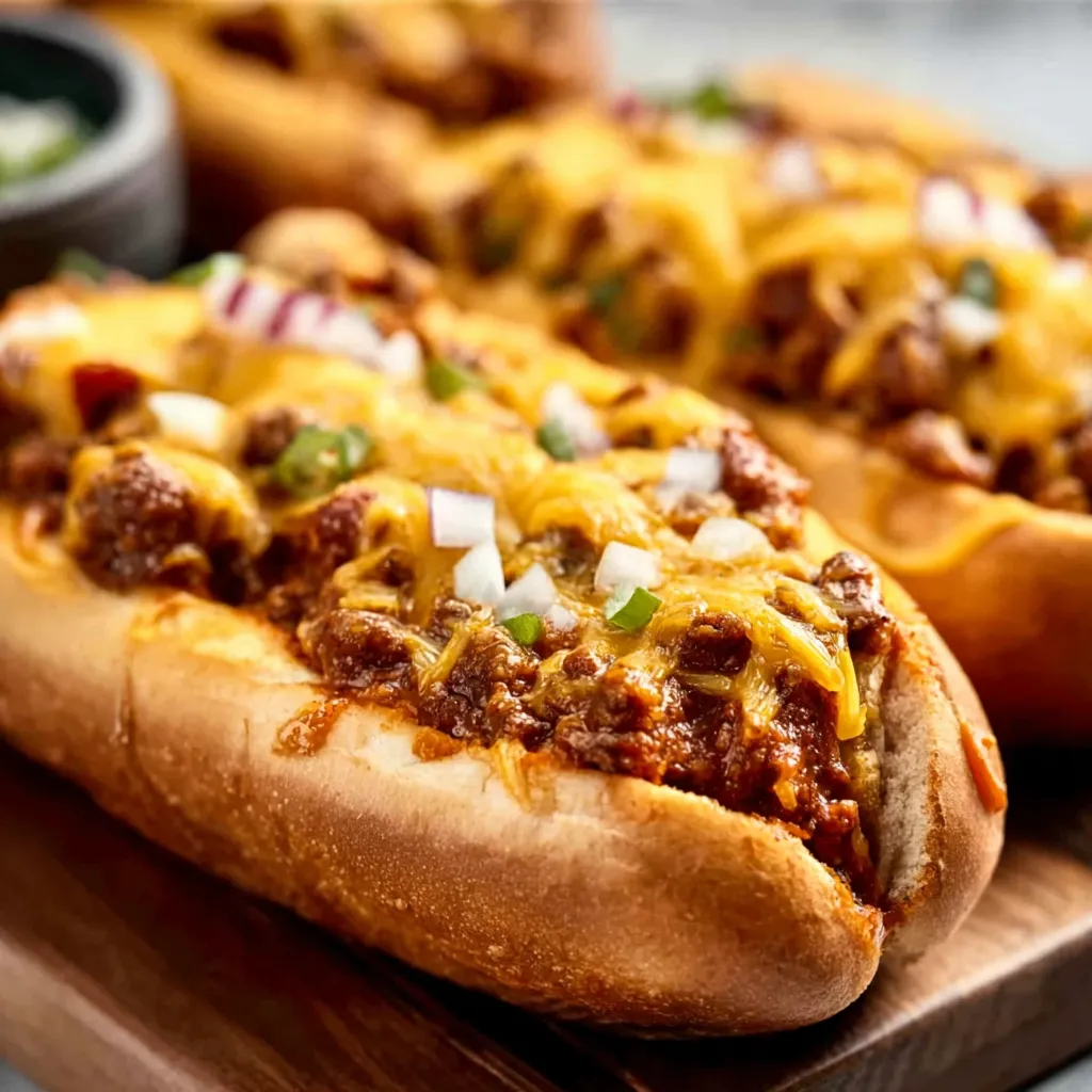 Close-up of delicious Chili Cheese Hot Dogs, showcasing the chili, cheese, and toppings.