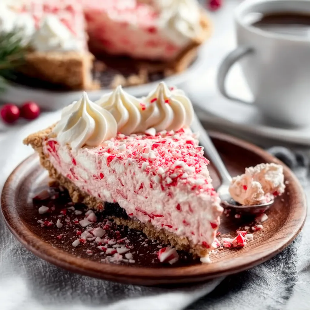 Close-up of a slice of festive Christmas Peppermint Pie, showcasing its creamy layers and peppermint candy topping.