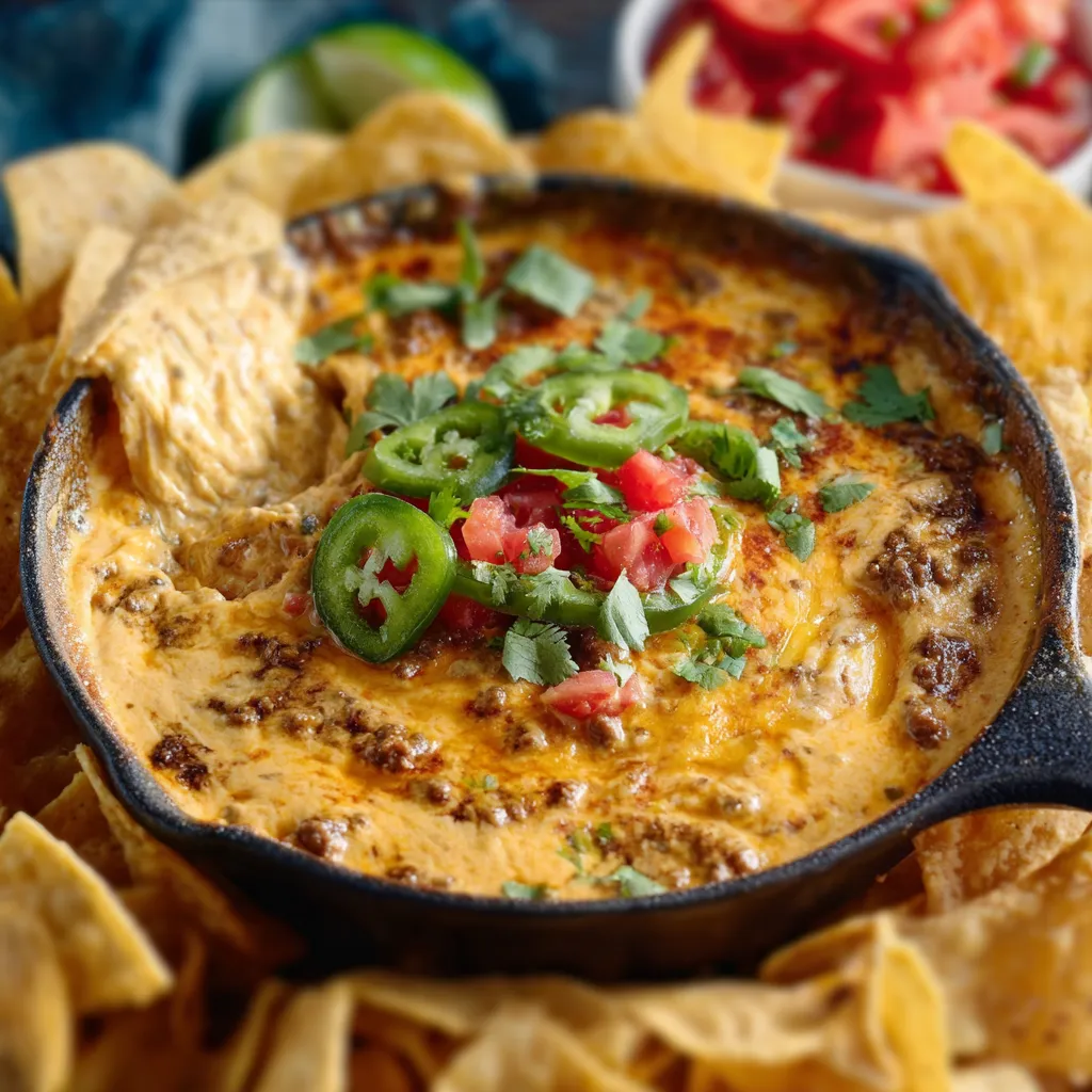 A close-up shot of a bubbling, delicious Creamy Queso Dip, ready to be served as a party appetizer.